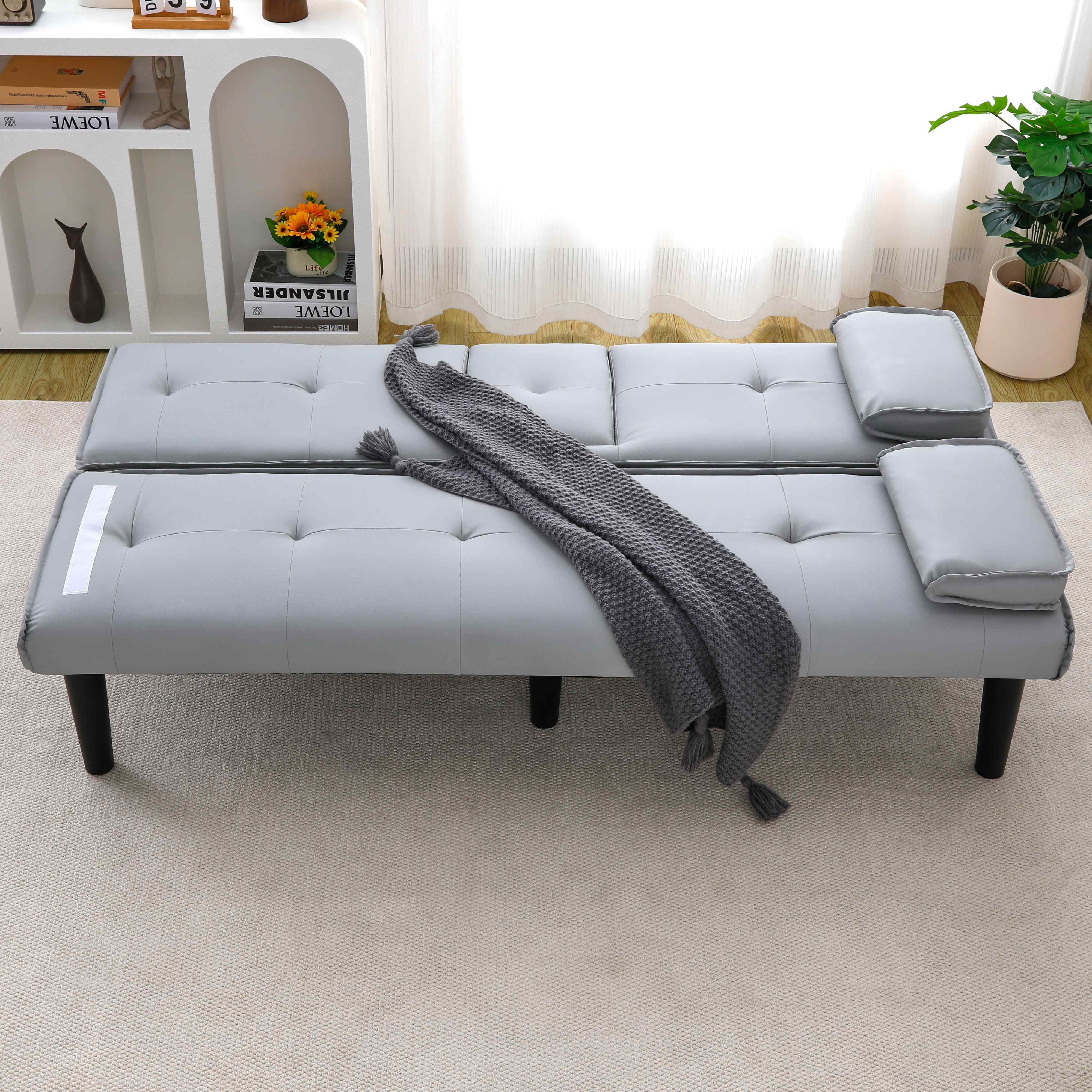 FFH 67" Futon Sofa Bed Loveseat Sleeper with Cup Holders, Folding PVC Couch for Small Spaces, Gray