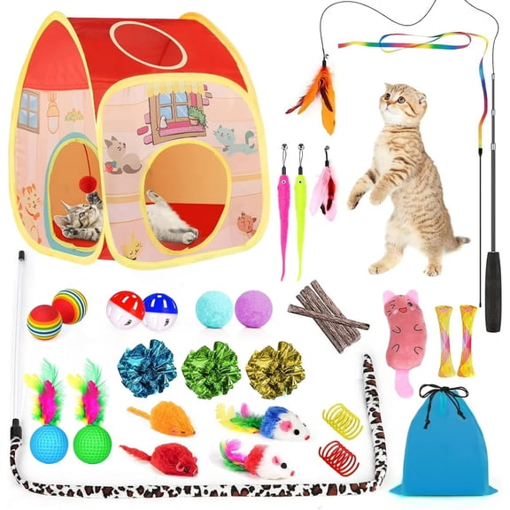 34Pcs Cat Toys Kitten Toys,Interactive Kitty Toys with Collapsible Cat Tunnels Tent,Cat Wand Catnip Feather Teaser