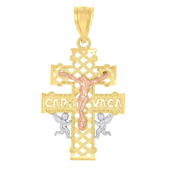 14k Gold Womens Tri-Color Caravaca Cross Crucifix Angels Religiousht:29.3Mm Pendant Charm