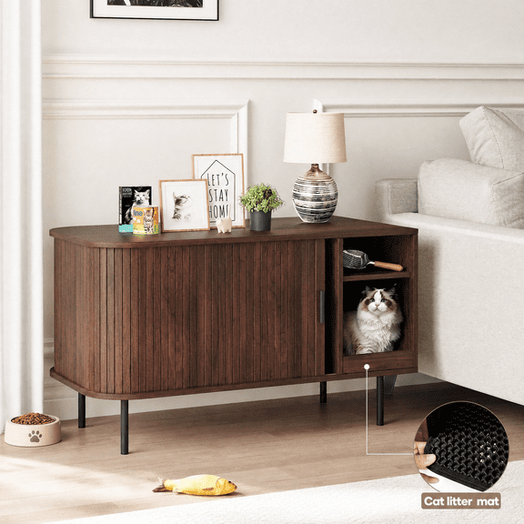 GASKY Cat Litter Box Enclosure Furniture,37.4" Hidden Cat Litter Cabinet with Sliding Door,Cat House with Scratch Mat & Waterproof Pad,Walnut Brown