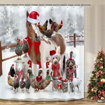 Christmas Shower Curtain, Winter Fabric Shower Curtain Set Decor, Farmhouse Funny Animal Cute Horse Dog with Xmas Hat Cloth Bathroom Accessories with Hooks (72X72)