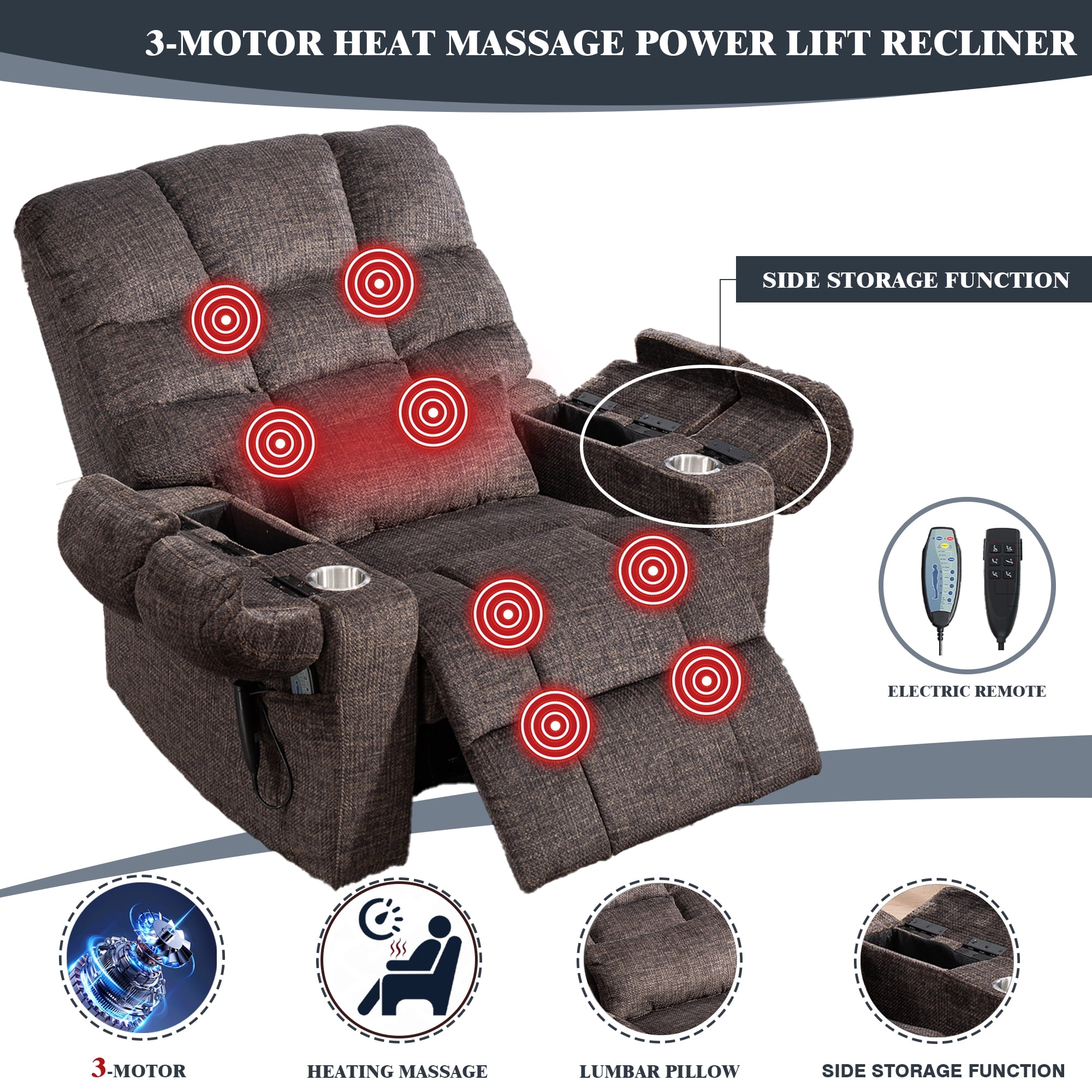 LITVZ Triple Motor Zero Gravity Power Lift Recliner Chair for Elderly, Extra Wide Lay Flat Recliner with Lifts Vertically, Legs Elevated Above The Heart, Heat Massage, Arm Storage & Cup Holders