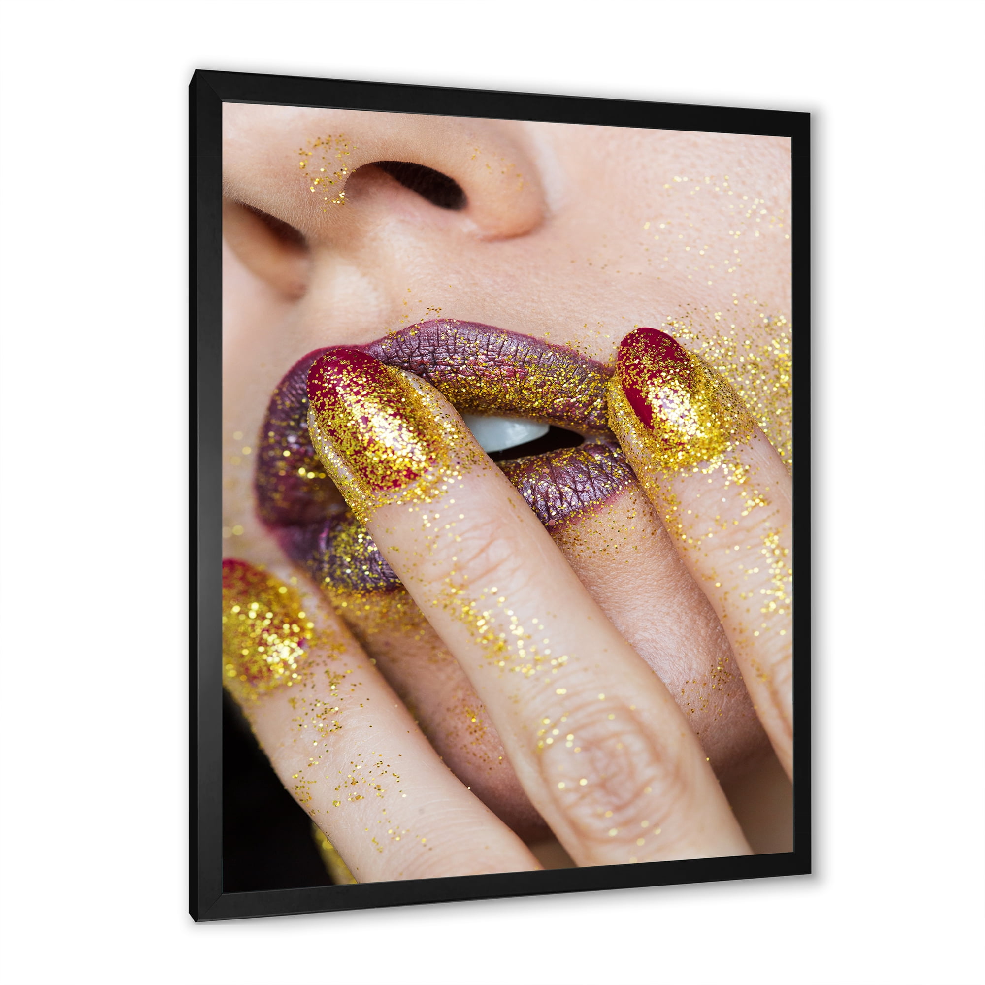 Designart 'Close-Up Of Woman Golden Gold Glitter Lipstick' Modern Framed Art Print