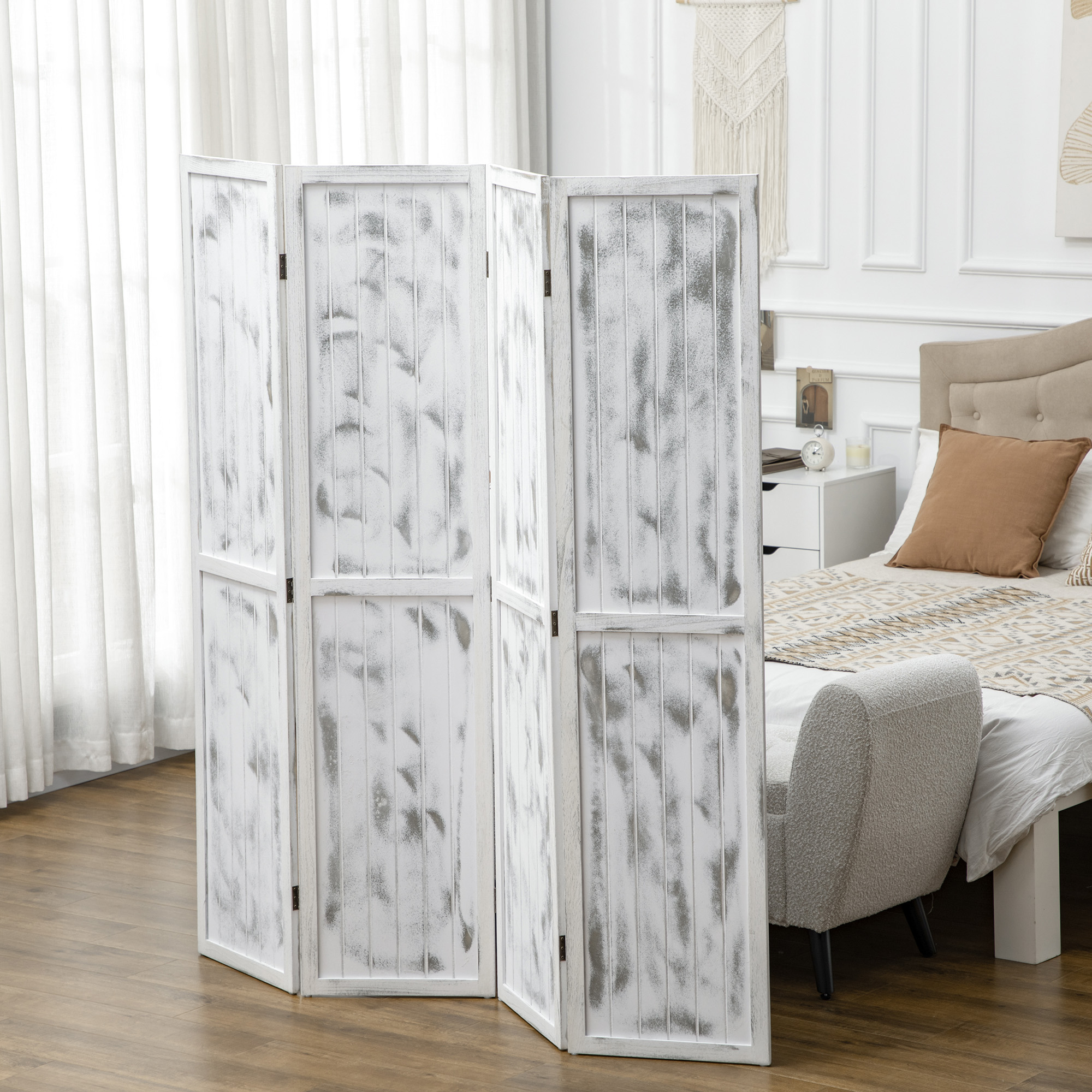 HOMCOM 5.5' 4 Panel Room Divider Folding Privacy Screen Panels, White