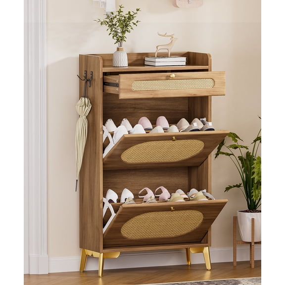 Enogets Narrow Shoe Cabinet, Freestanding Entryway Storage Organizer with 2 Flip Rattan Drawers & 1 Slide Drawer