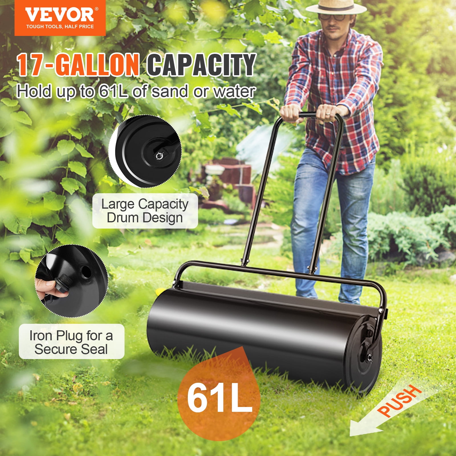 KFFKFF Lawn Roller Yard Roller 17 Gallon Sand/Water Filled Steel Sod Roller Push