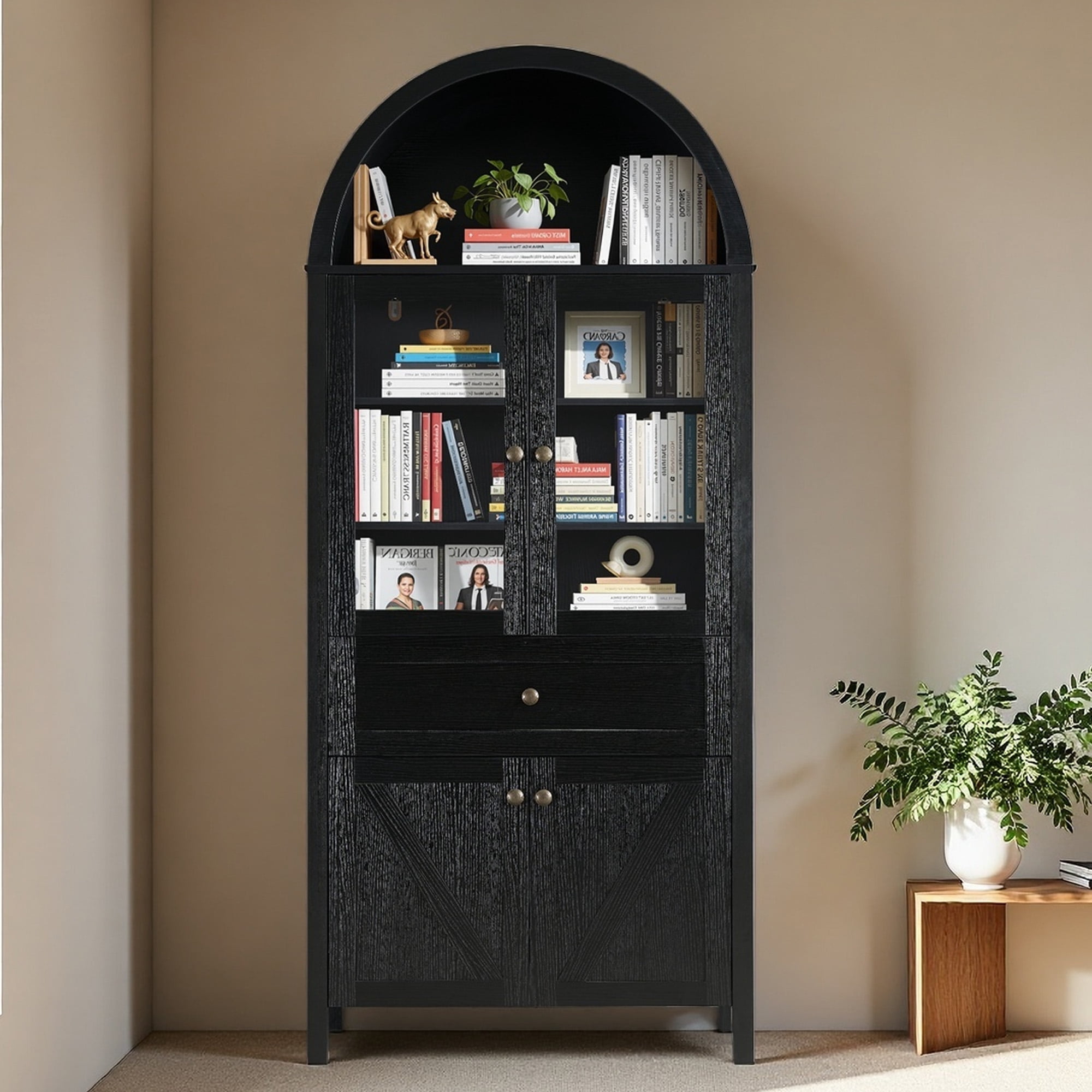 HIUU 70"Tall Black Cabinet with Doors,Arched Cabinets with Drawers with Antique Craftsmanship,Modern Storage Cabinets Made of High-quality Materials,Tall Cabinet for Living Room
