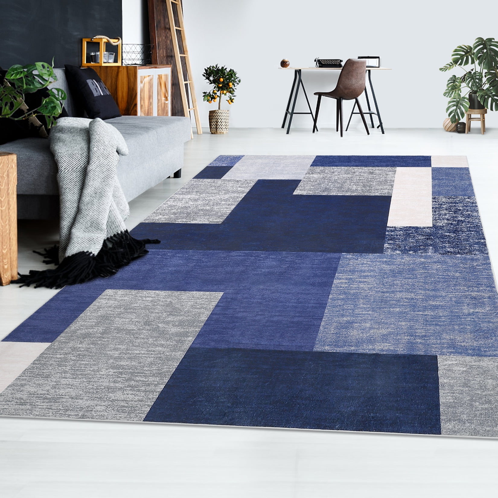 Yesfashion Washable Rug for Living Room, Modern Plaid Area Rug Low-Pile ...