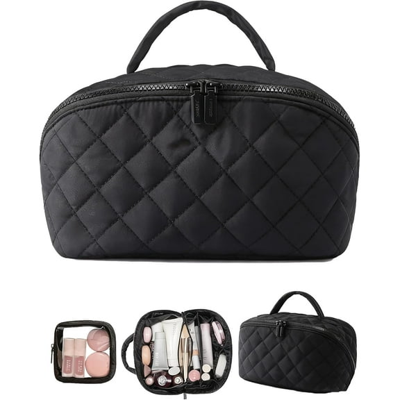 Travel Makeup Bag for Women, 180° Lay-Flat Cosmetic Organizer with 5 Compartments, Waterproof & Machine-Washable Puffy Toiletry Bag for Full-Size Skincare, Brushes & Essentials (A)