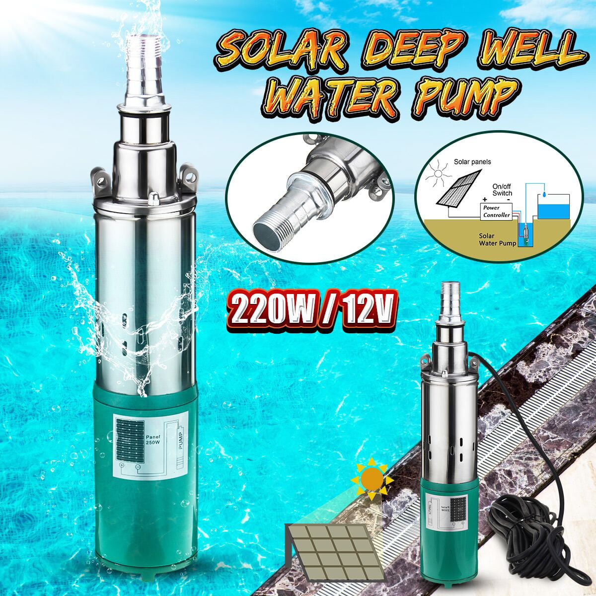 220W DC 12V 15m Electric Solar Deep Well Water Pump Submersible Bore Hole Pond 
