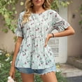 thumbnail image 3 of Blusa informal verde claro para mujer, camiseta de cuello redondo y manga corta, talla XL, camisa elegante con volantes y estampado floral, 3 of 6