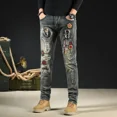 thumbnail image 2 of Pantalones vaqueros para hombre con parches rotos y agujeros, pantalones vaqueros ajustados para hombre, ajustados, ajustados, con gráficos retro rotos, moda 2024, 2 of 4