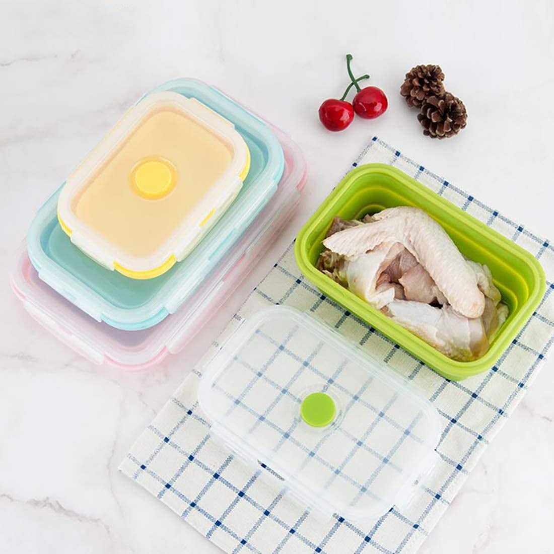 Collapsible Silicone Lunch Bento Box, Portable Food Storage Container Outdoor Picnic Box Space Saving, Microwave, Dishwasher and Freezer Safe, 3 Pcs Set (Four Colors Set)