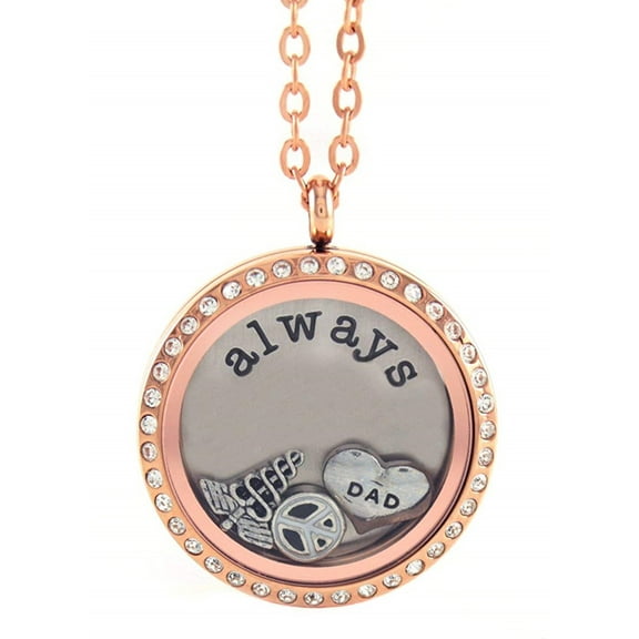 BG247 Stainless Steel Floating Locket Necklace with Matching Chain (Rose Gold Rhinestone Circle)