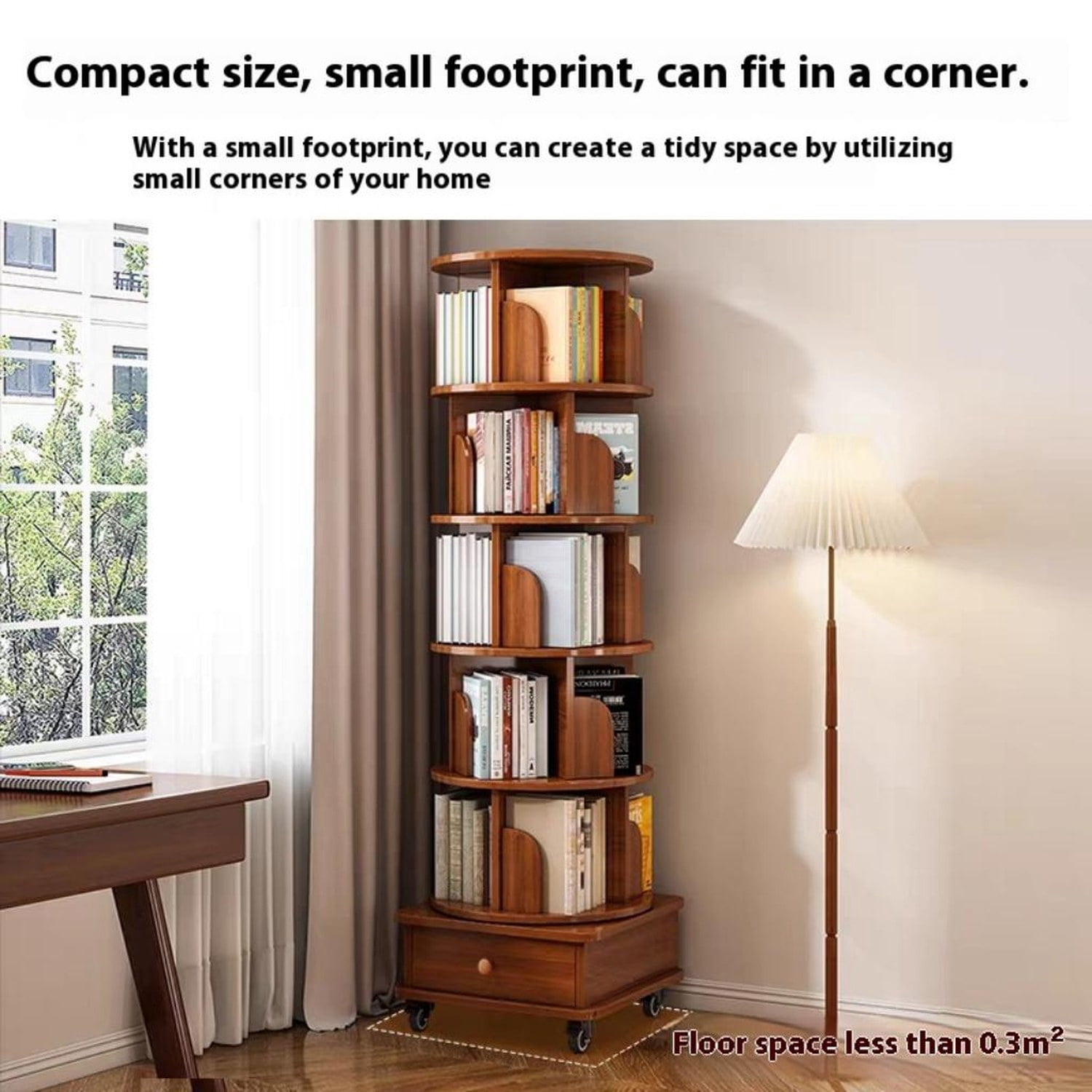 Rotating Bookshelf, 360 Display Corner Bookshelf for Small Space, 6 Tier Bookcase Storage Rack with Wheels, Wood Narrow Organizer for Bedroom, Living Room, Study Room
