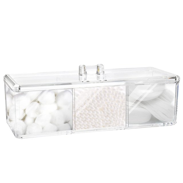 Dispensador cuadrado de soporte Qtip, 3 compartimentos, soporte para bolas de algodón, recipientes de baño para hisopos de algodón, organizador de almohadillas de algodón, recipientes de acrílico tran
