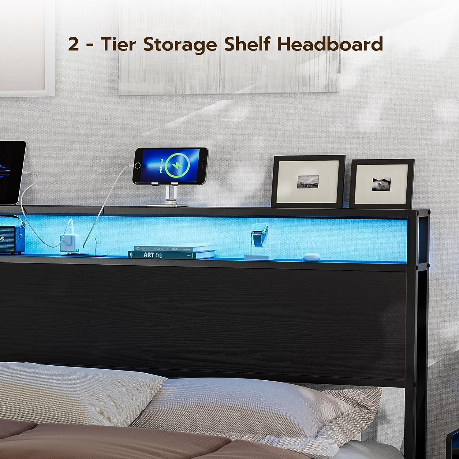 ARICOEASY King Size Storage Headboard with LED Lights & Charging Station, Modern King Headboard for Bedroom, Black
