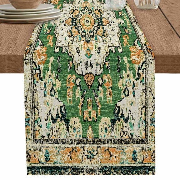 Green Bohemian Ethnic Western Table Runner-70 Inch Long Vintage Native Tribal Table Runners Linen Burlap Tablerunner for Kitchen Dining Room Holiday Party