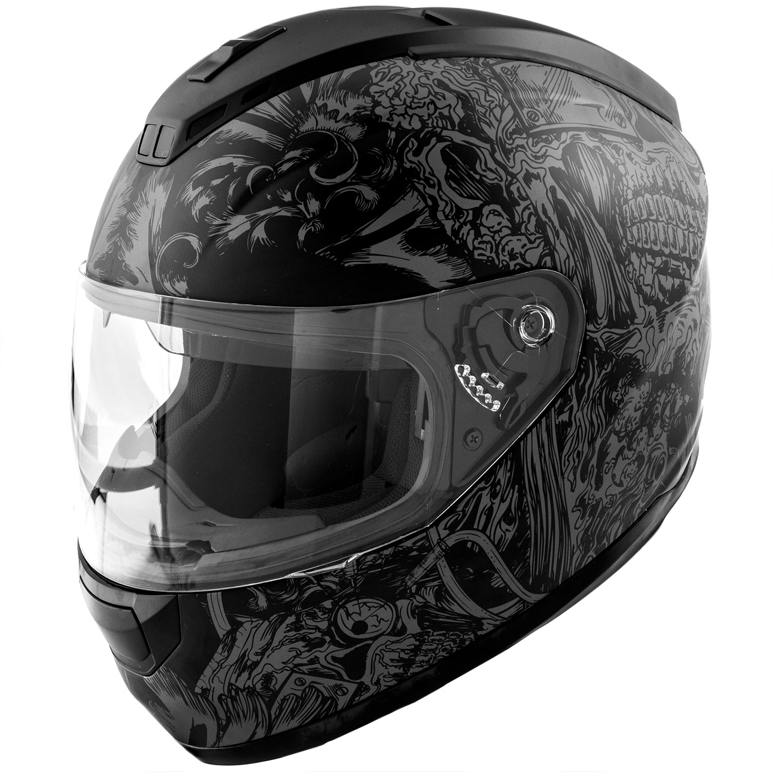 DOT Motorcycle Helmet Full Face KOI Skull Art Matte Grey w/ Clear Visor