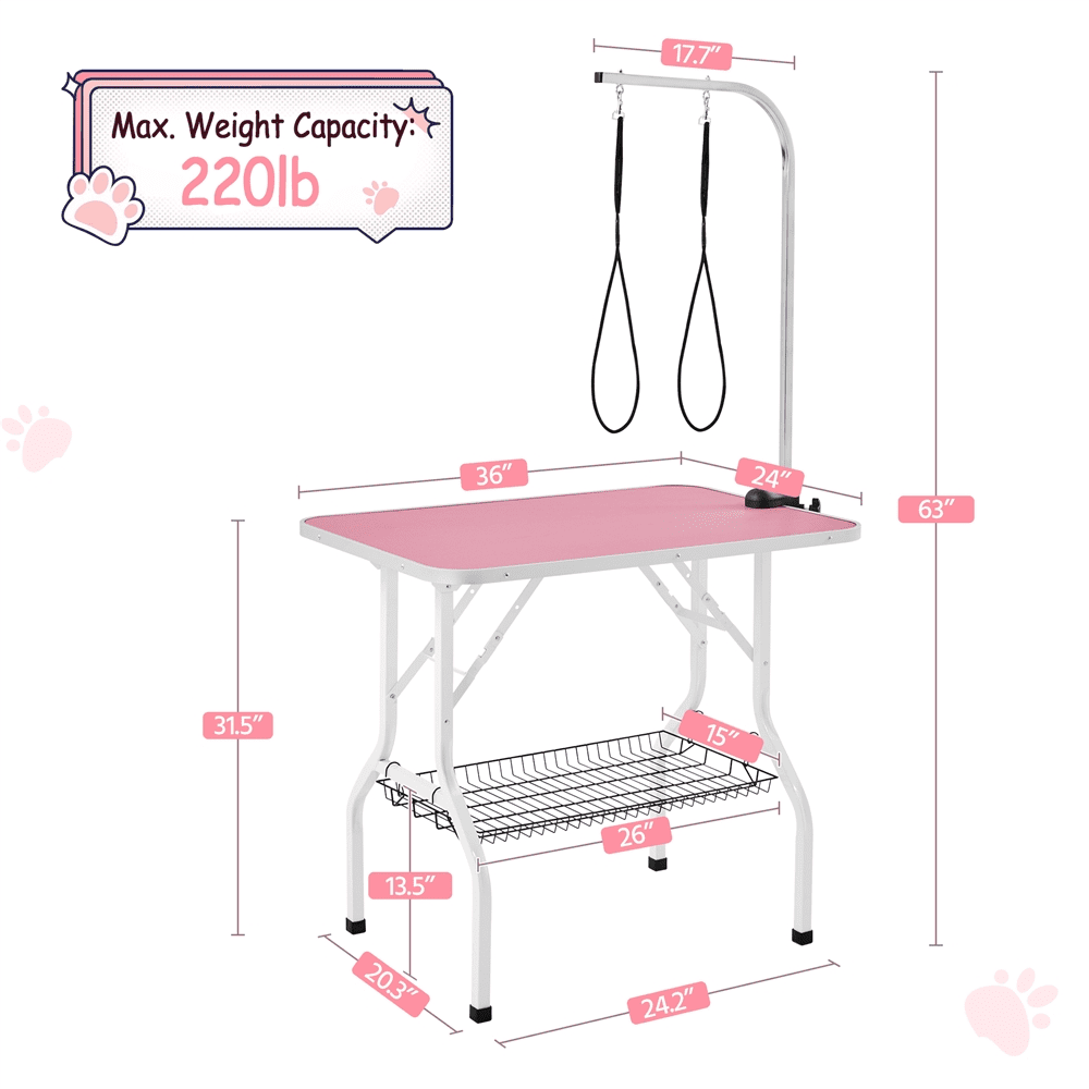 Alden Design 36"L Adjustable Foldable Pet Grooming Table, Pink