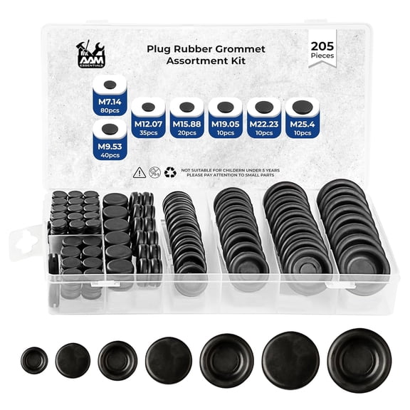 Rubber Plugs for Round Holes-205pcs Assorted Rubber Grommets in 7 Sizes M25.4, M22.23, M19.05, M15.88, M12.07, M7.14, M9.53-Waterproof Rubber Grommet Kit Wire Grommet Perfect for Sealing Auto Panel