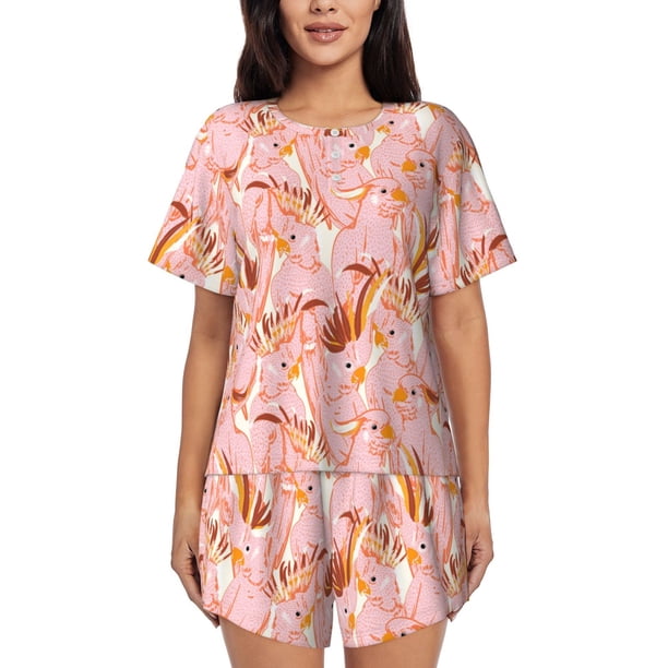 Fotbe Pink Cockatoo Birds Conjunto de Pijama Estampado para Mujer, 2 Piezas, Ropa de Dormir con Camiseta de Manga Corta y Shorts Suaves-Small