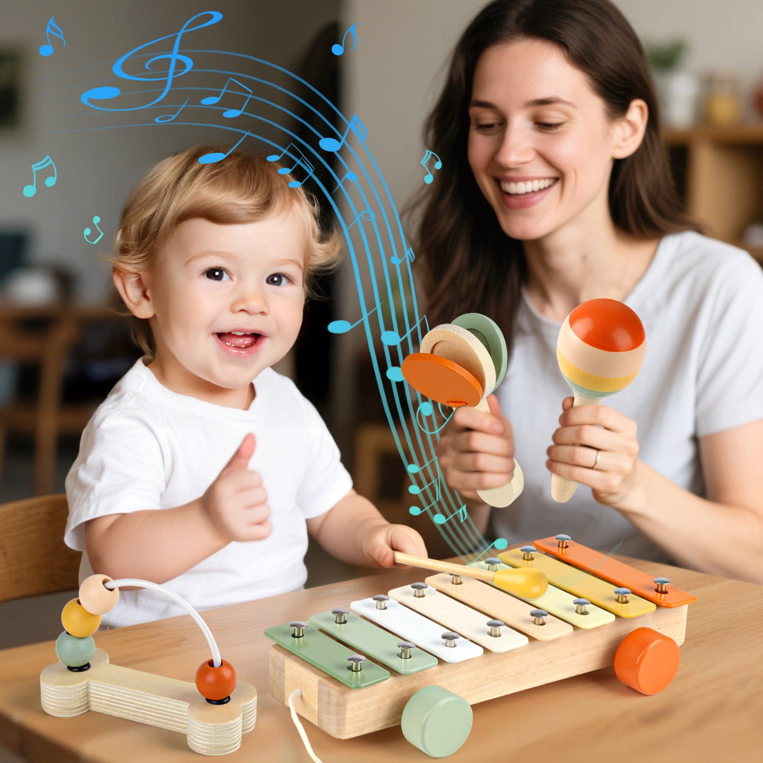Carsky 7-in-1 Wooden Baby Music Toy Kit, Rattles, Xylophone, Beads Maze & More, Educational Sound Activity Set for Infants Toddlers 1-3