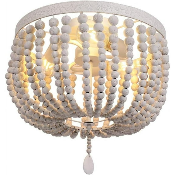 Grey White Natural Wooden Bead Chandelier Bohemian Vintage Rustic Boho Ceiling Light Farmhouse E27 Pendant Light for Dining Room Bedroom Hallway Staircase Kitchen Island Entranceway