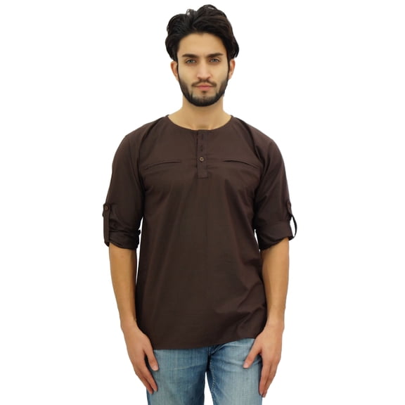 Atasi Men's Round Neck Brown Kurta Cotton Roll-Over Sleeve Shirt-Small