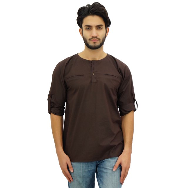 Atasi Kurta Brun pour Homme à Col Rond en Coton, Chemise à Manches Retroussables - X-Grand