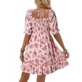 thumbnail image 2 of Robes d'Été Décontractées pour Femmes Manches Courtes Col Carré Smocké Boho Floral Robe Fluide Ligne A Mini Robe Rose m, 2 of 8