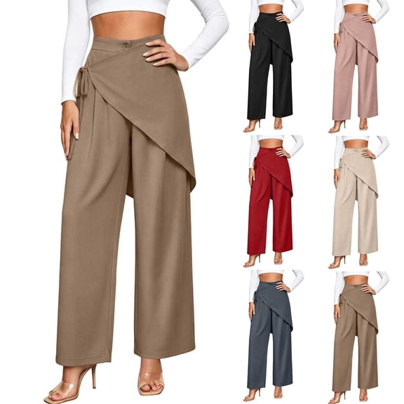 Women's High Waist Irregular Overlay Wide Leg Pants, Solid Draped Loose 9/10 Length Wrap Front Casual Trousers with Side Pockets for office Party Vacation Wear Khaki XL(XL)