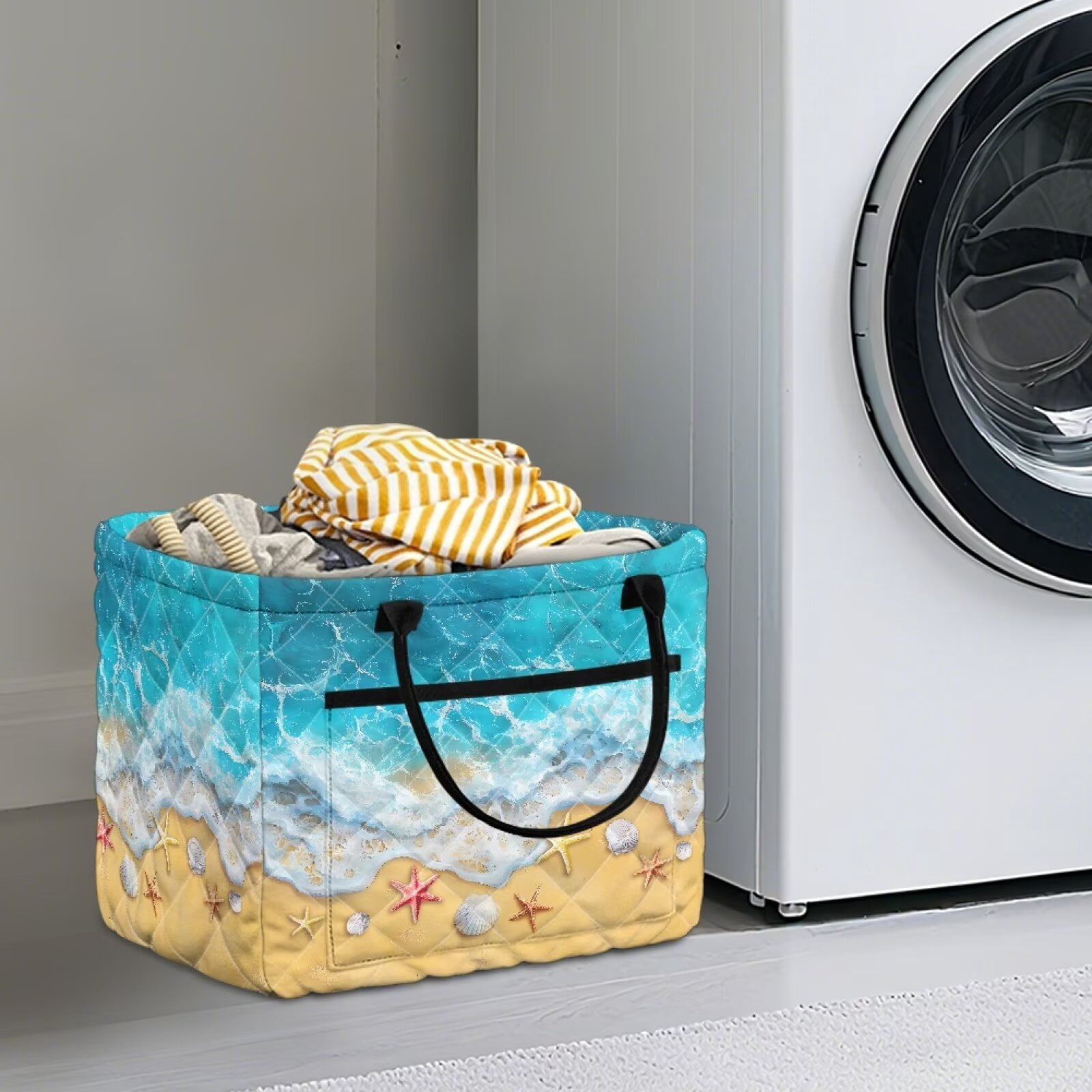 Yuyamidu Beach Starfish Fabric Storage Basket 6.39 Gal Quilted Storage Basket Portable Folding Storage Laundry Nursery Hamper for Nursery Bedroom Living Room