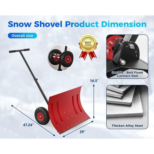 QinaQin Pelle à Neige avec Roues, Poussoir Ergonomique en Acier, Lame Inclinée Réglable, Rouge