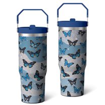 30 Oz Tumbler Blue Color Block Sequin Butterfly Tumbler with Lid and Straw, Birthday Gift Cup for Friend Women Men Coffee Travel Mug Thanksgiving Day Halloween Christmas Gift Water Bottle