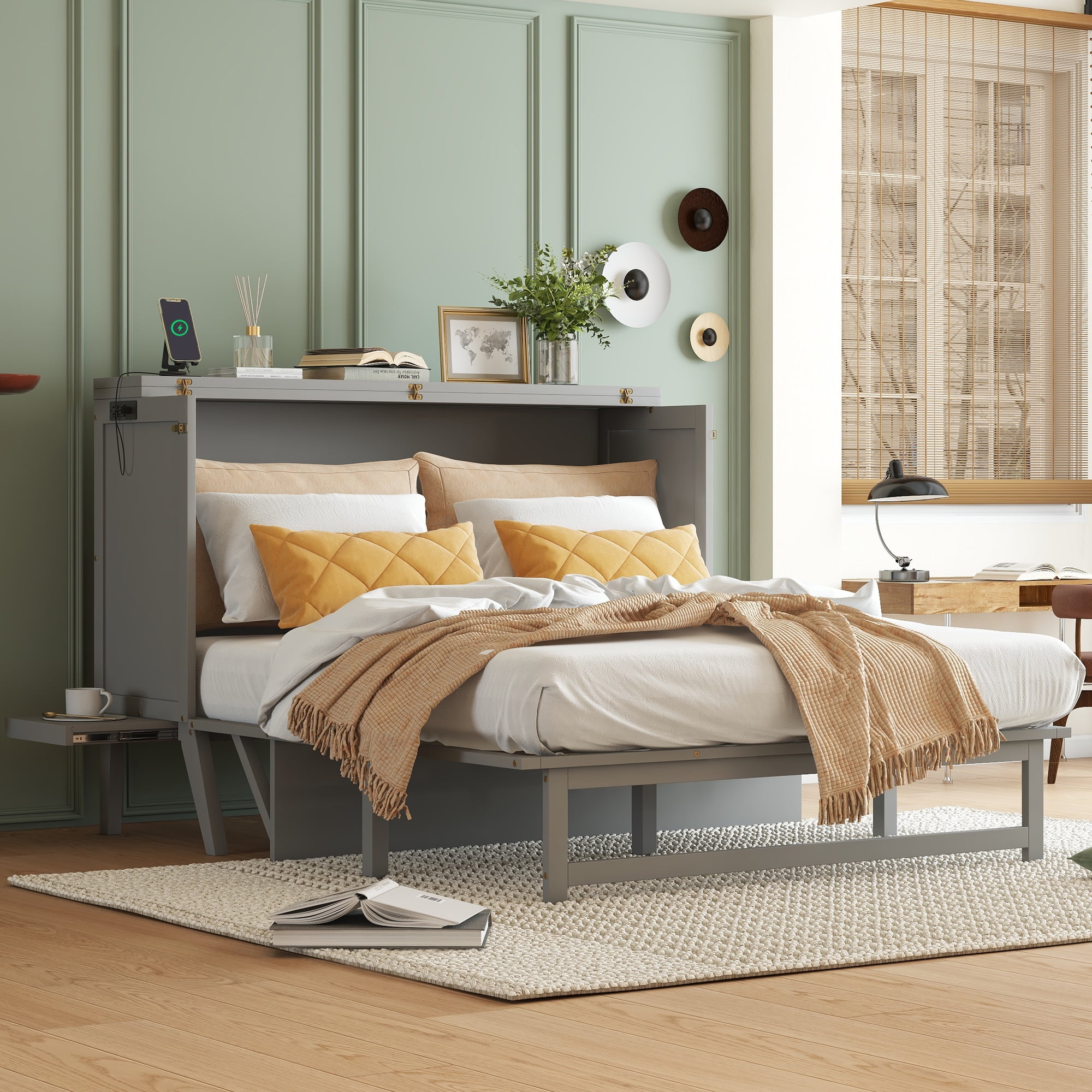 Sailvan Queen Size Murphy Bed with USB Port Shelves on Each Side, Solid Pine Murphy Cabinet Bed