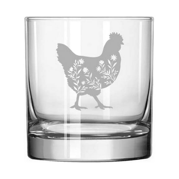 11 oz Rocks Whiskey Old Fashioned Glass Floral Chicken