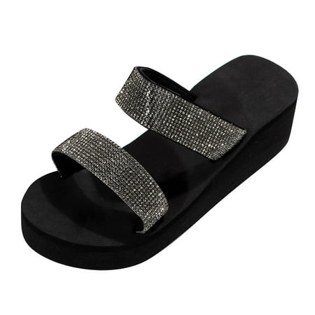 

Sandals Women Women Slope Heel Thick Bottom Slippers Fashion With Diamond Butterfly Decoration Wear Beach Slippers Outside The Home Sandals For Women Dressy Summer House Slippers For Women