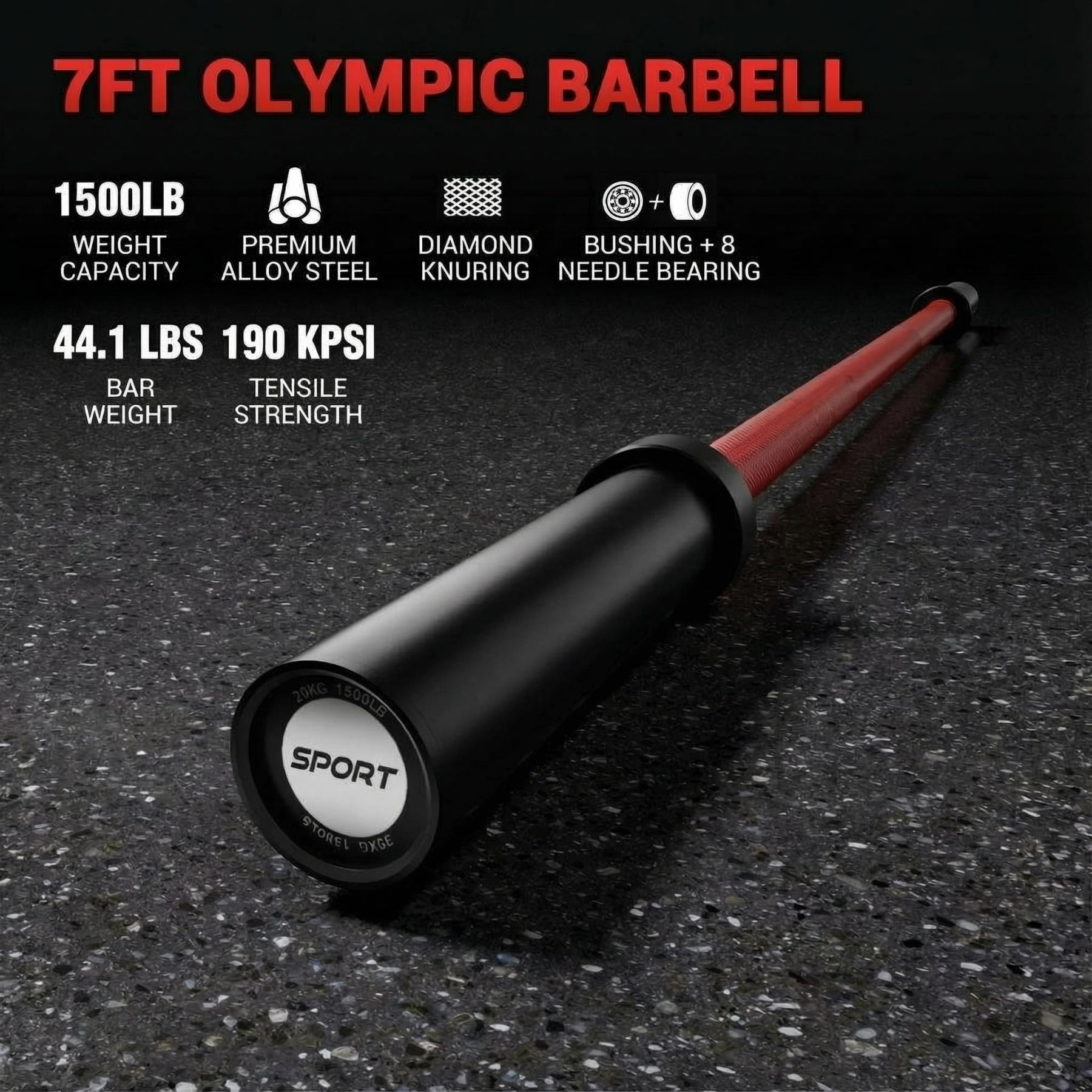 JoanKaren 7ft Olympic Barbell,1500LBS Capacity Barbell for Weightlifting and Powerlifting,45lb Olympic Bar Fit 2" Standard Weights