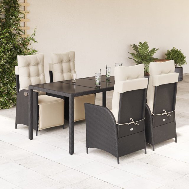 vidaXL 5 Piece Garden Dining Set with Cushions Black Poly Rattan