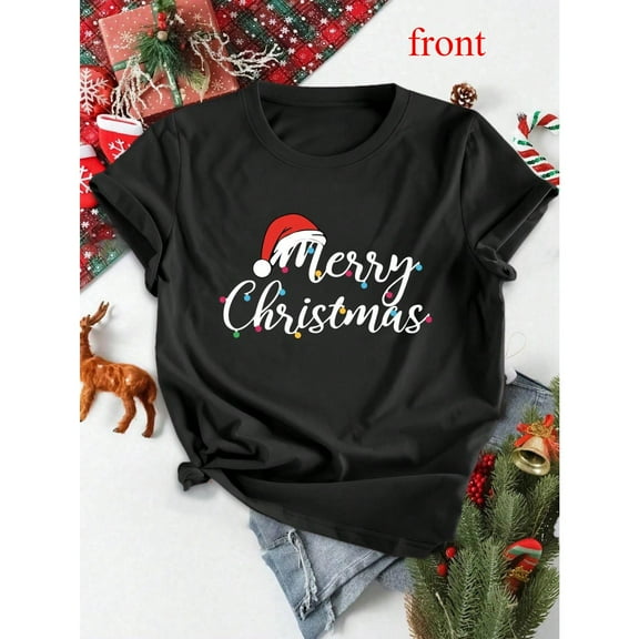 Women's Black T-Shirt Graphic Tees "Merry Christmas" Santa Hat & Light String Holiday Design Shirts S-5XL Casual Daily Tops