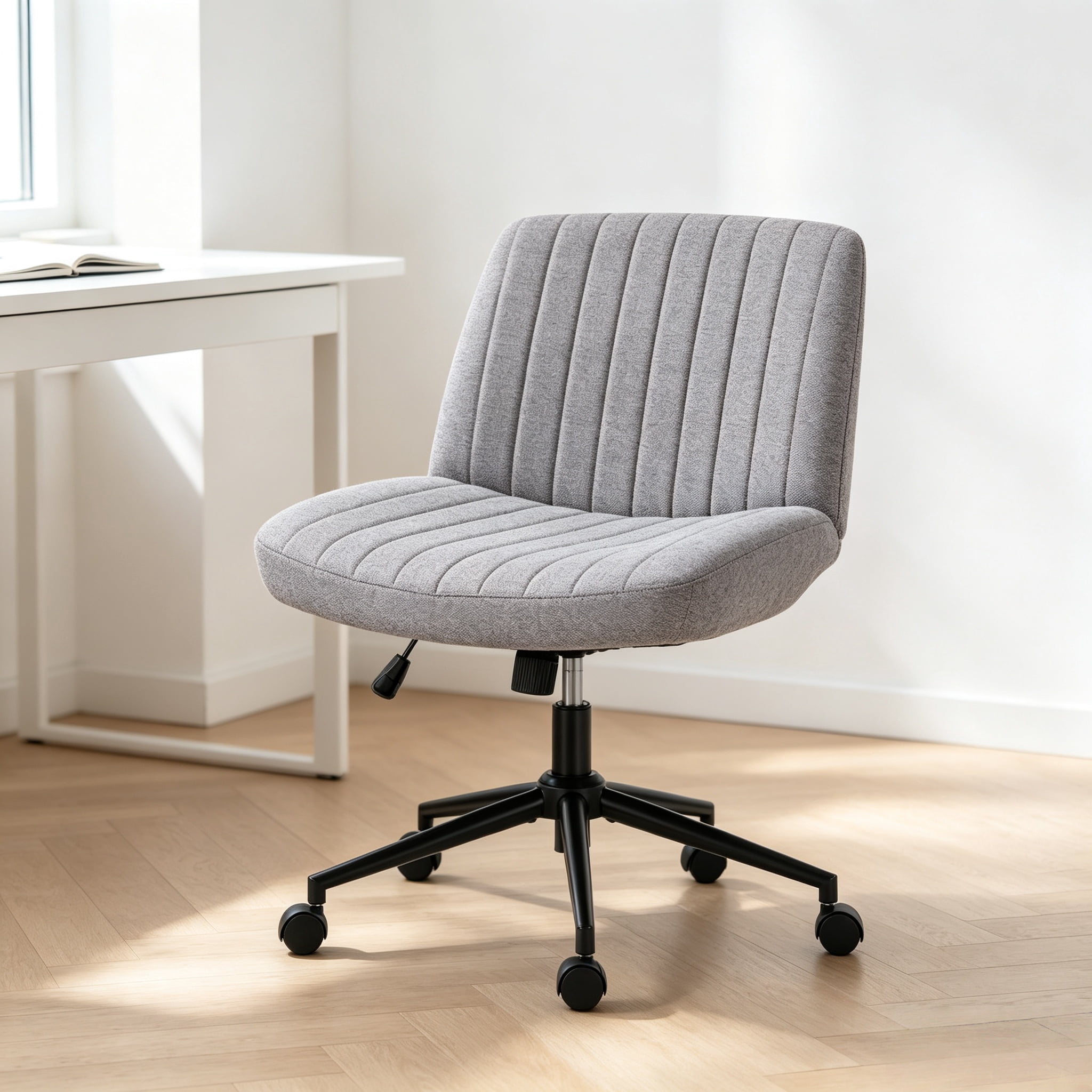 Office Desk and Vanity Chair, Armless Cross-Legged Swivel Task Chair with Wide Fabric Seat, Height Adjustment, and Replaceable Wheels or Fixed Base