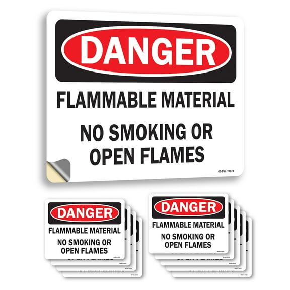 Flammable Material No Smoking Or Open Flames OSHA Danger Vinyl Decal Label 5 Inch x 3.5 Inch - 10 Pack
