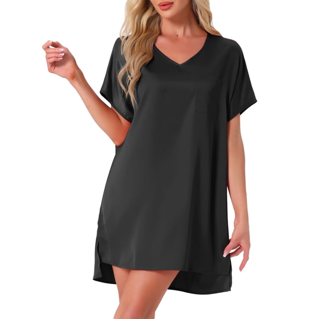 INSPIRE CHIC Camisón de mujer con cuello en V, suave, de manga corta, longitud hasta el muslo, vestido de dormir, color negro