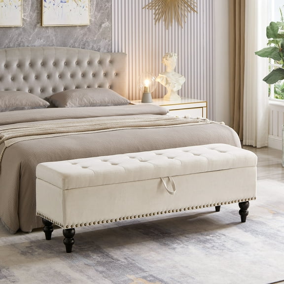 59" Storage Bed Bench In Beige, Contemporary Design For A Functional Living Room, Multifunctional Relaxing