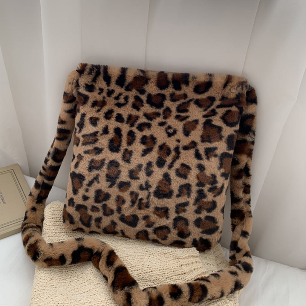 Plush Leopard Print Shoulder Bag Handbag Bag Brown Walmart