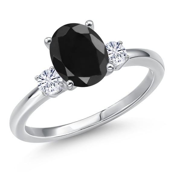 Gem Stone King 14K White Gold Black Sapphire and White Moissanite Engagement Ring for Women | 2.70 Cttw | Oval 9X7MM | Gemstone September Birthstone | Size 6