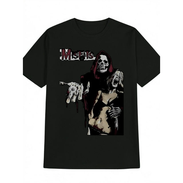 Misfits Rock Band Pattern T-Shirt Men's Black Casual Crew Neck Short Sleeve One Misfits Ride Johnny Ride Pattern T-Shirt W2 L