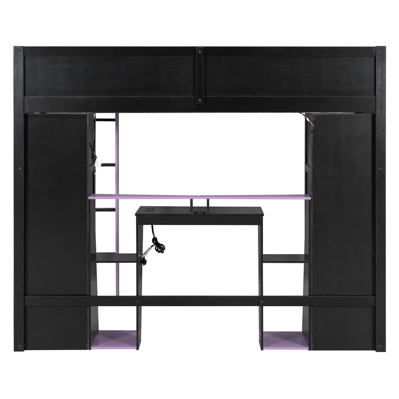 Full Size Wooden E-Sport Loft Bed with Desk, LED Lights & Charge Station, Storage Bed Frame with Built-in Wardrobe & Cabinets