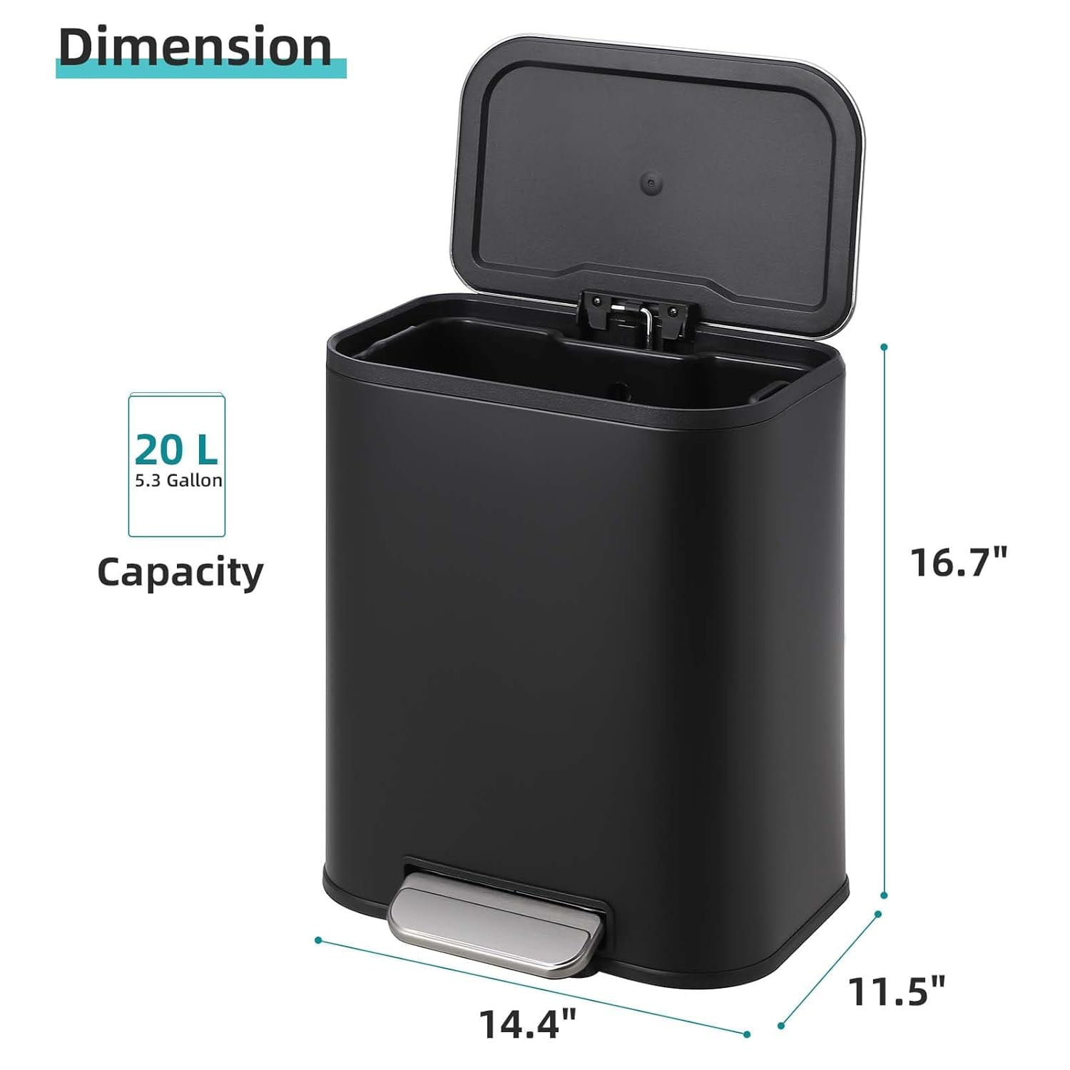 5.3 Gallon Bathroom Trash Can with Lid, Stainless Steel Foot Pedal Step Waste Bin, Removable Inner Bucket, Rectangular Small Garbage Can for Kitchen, Living Room, Black